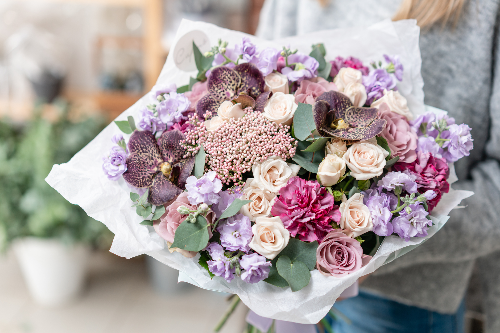 Elegant bouquet of mixed pastel flowers.