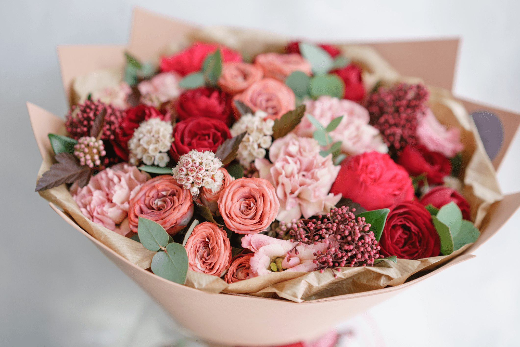 Bouquet of red and pink flowers.