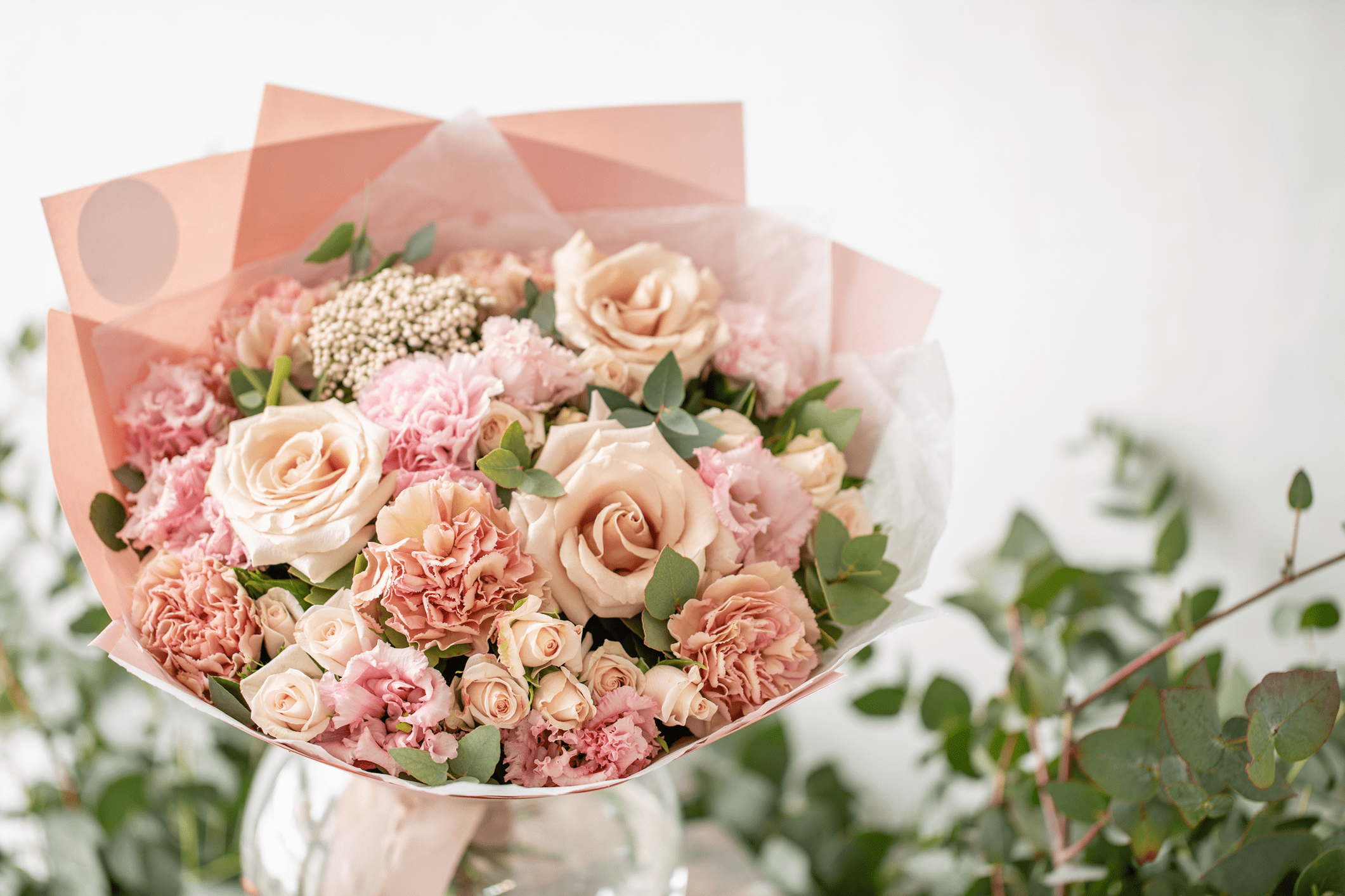 Bouquet of pink and peach flowers.