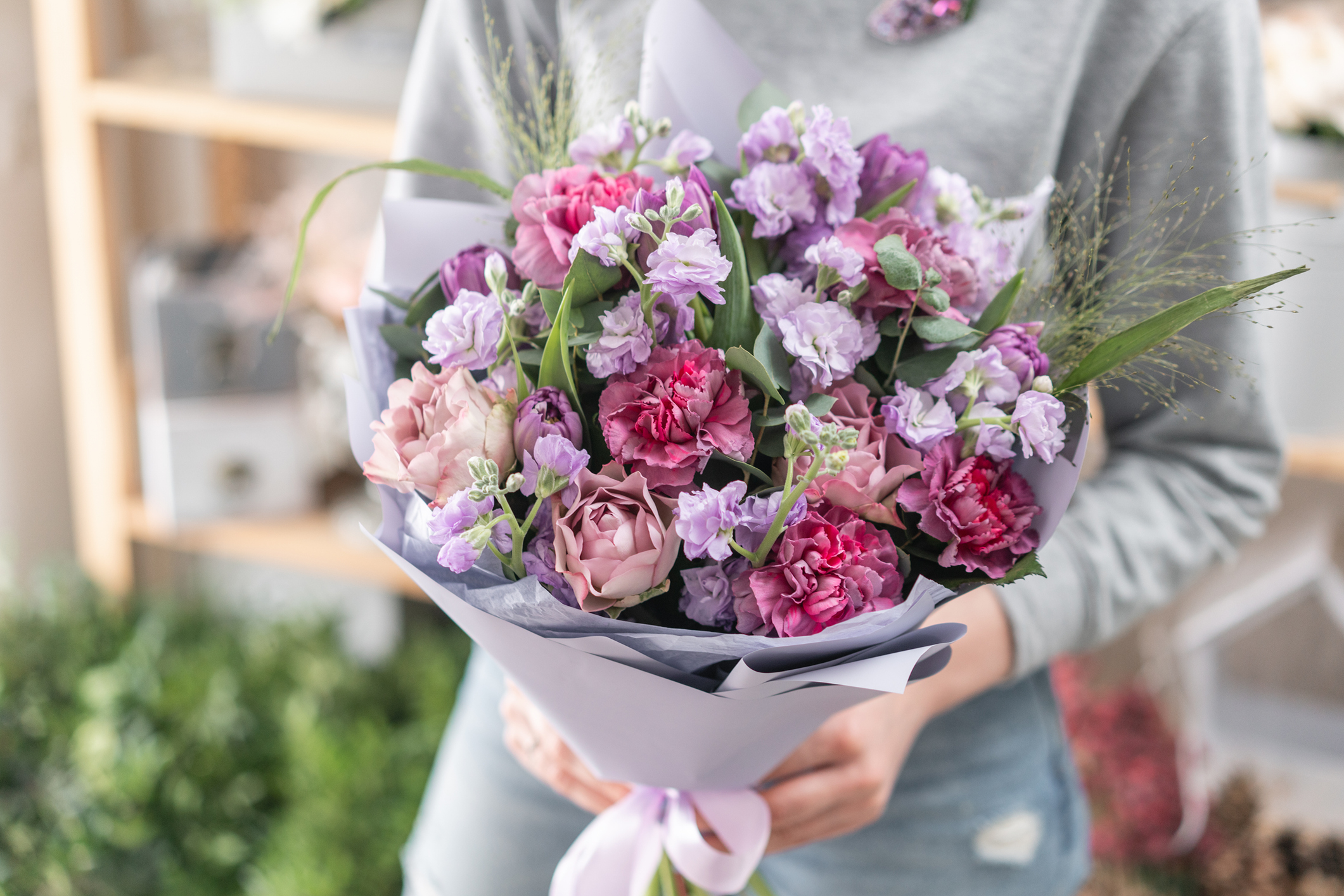 Bouquet of pink and purple flowers.