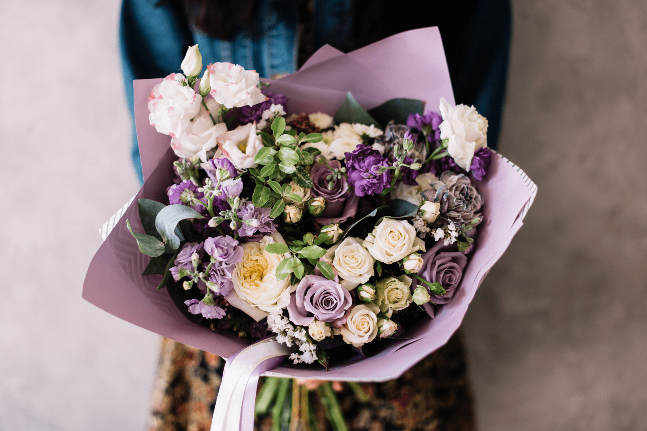 Bouquet of purple and white flowers.