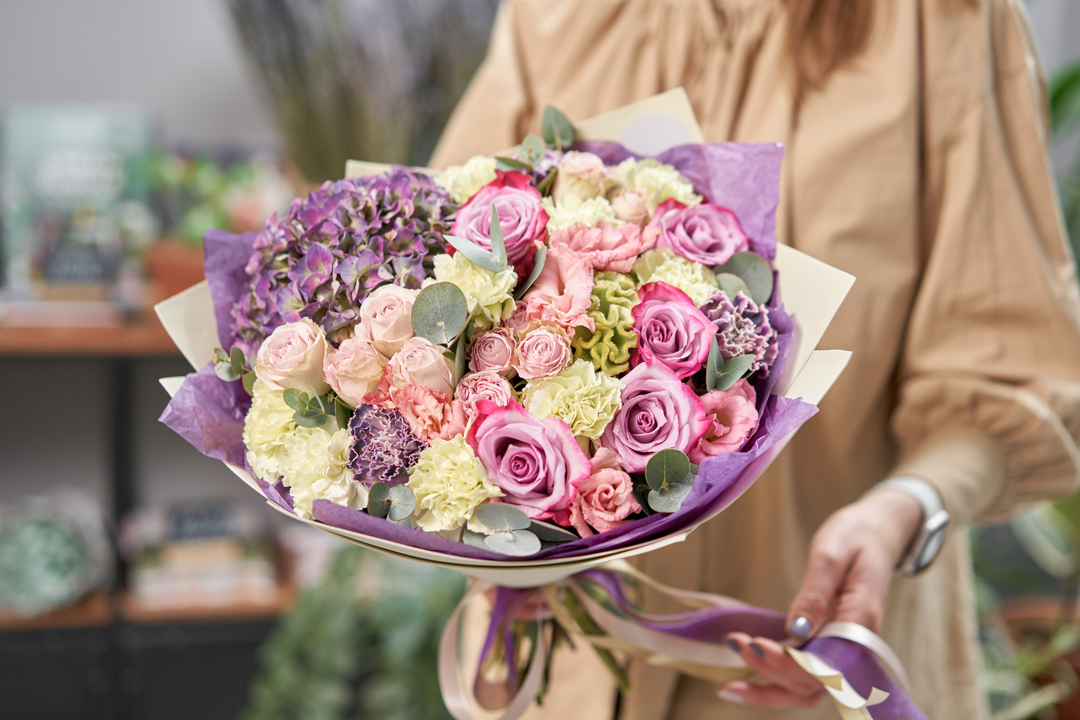 Bouquet of pink and purple flowers.