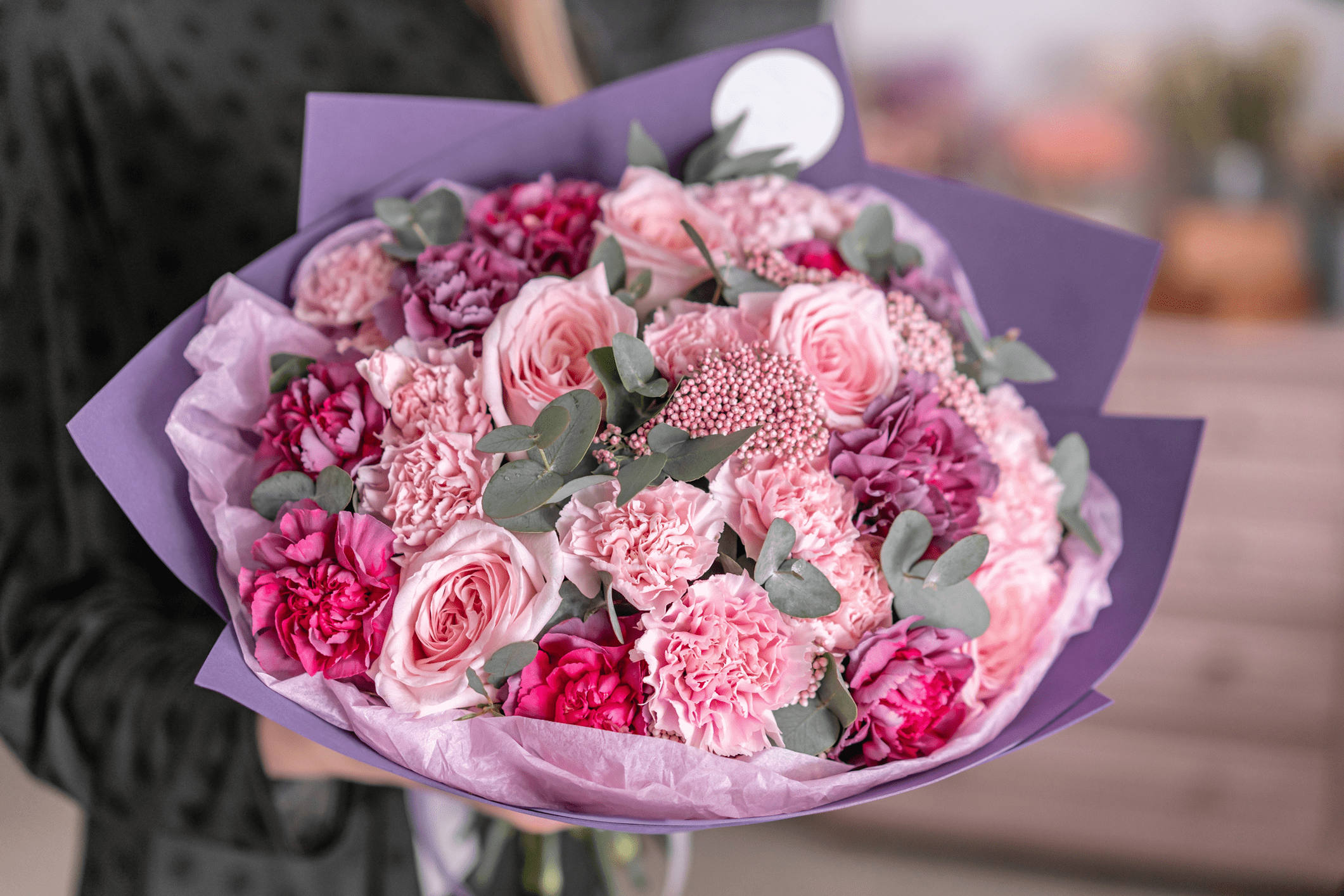 Bouquet of pink and purple flowers.
