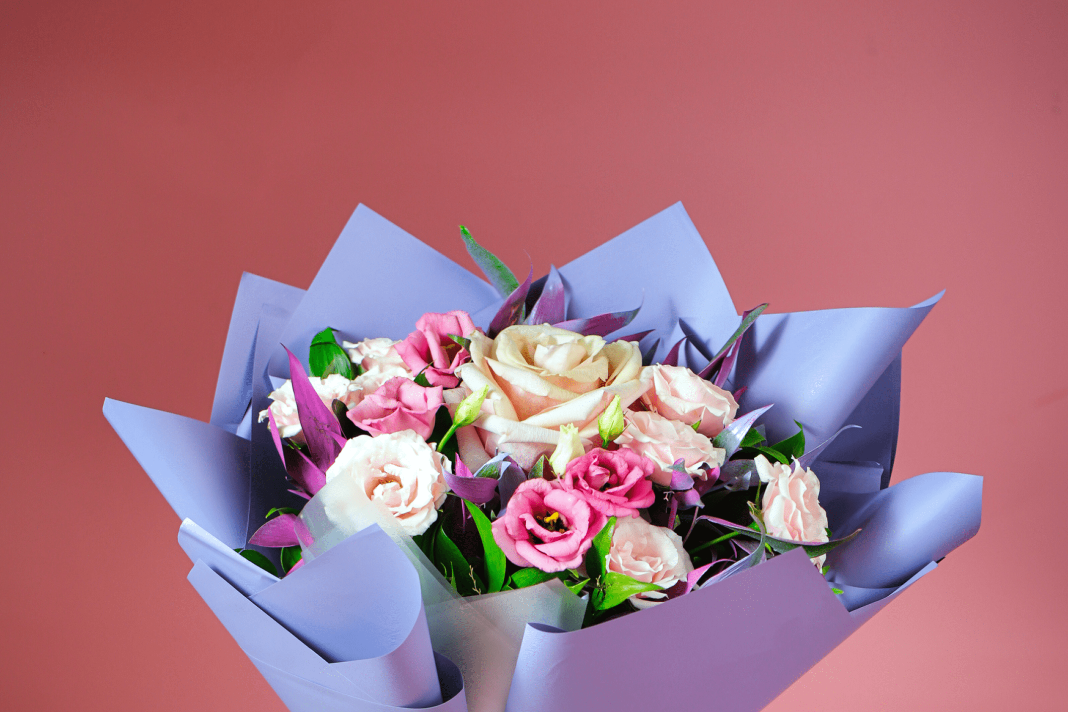 Bouquet of flowers with purple wrapping paper.