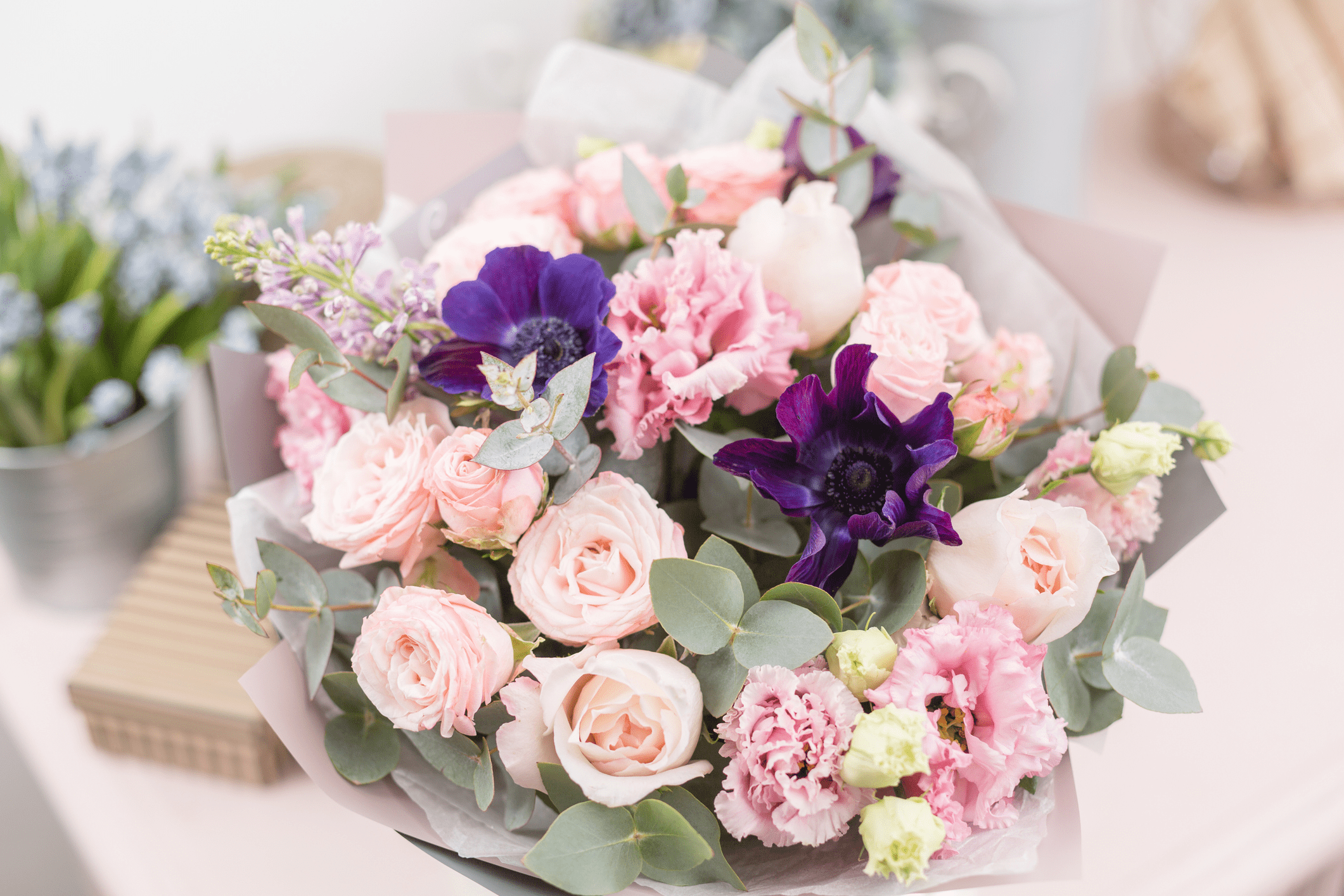 Bouquet of pink and purple flowers.
