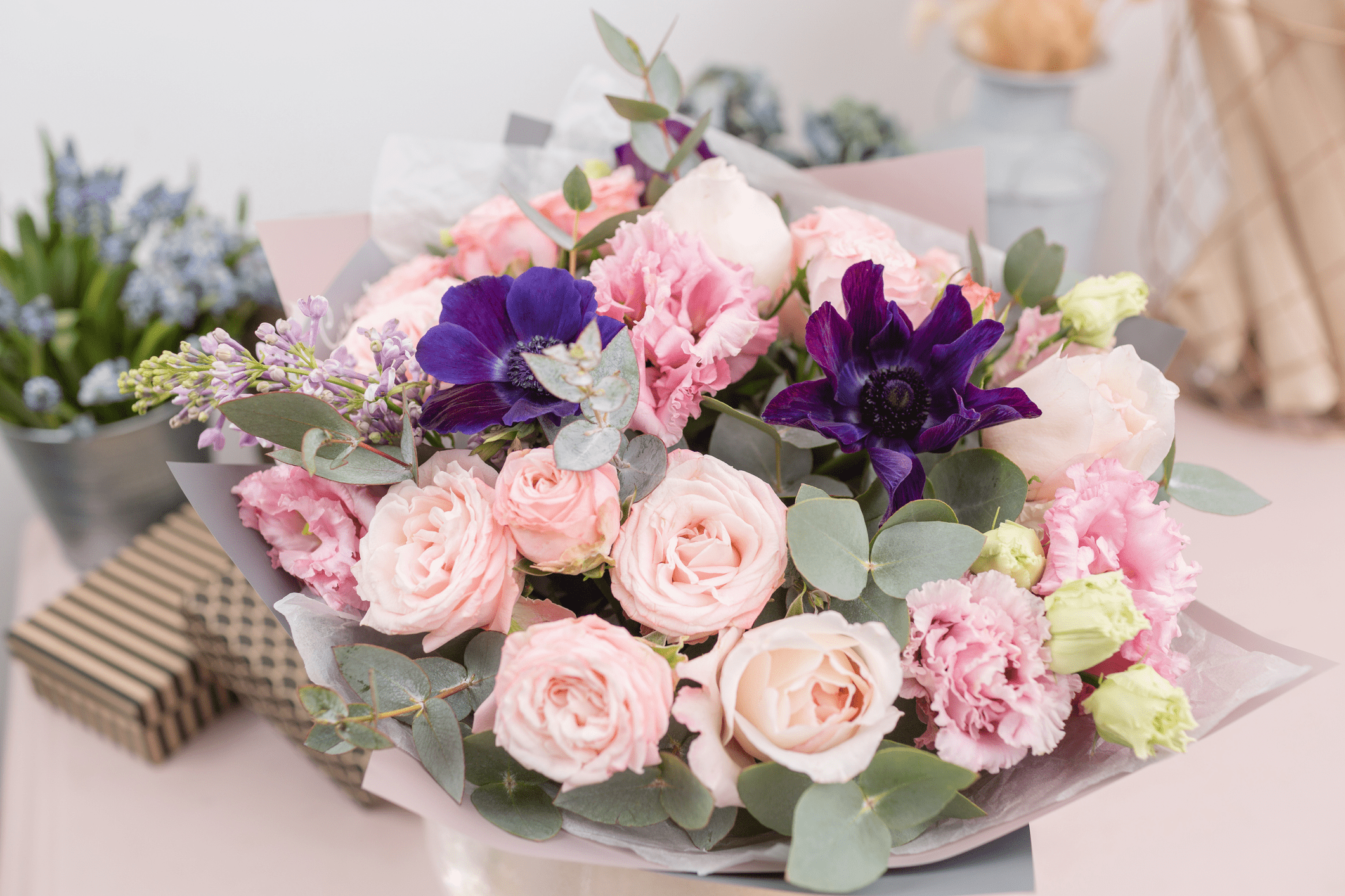 Bouquet of pink and purple flowers.