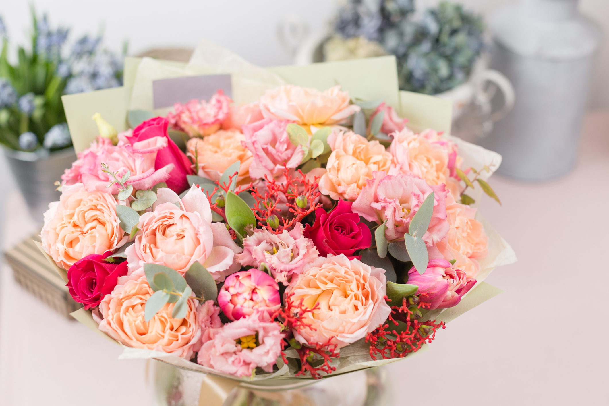 Bouquet of pink and red flowers.