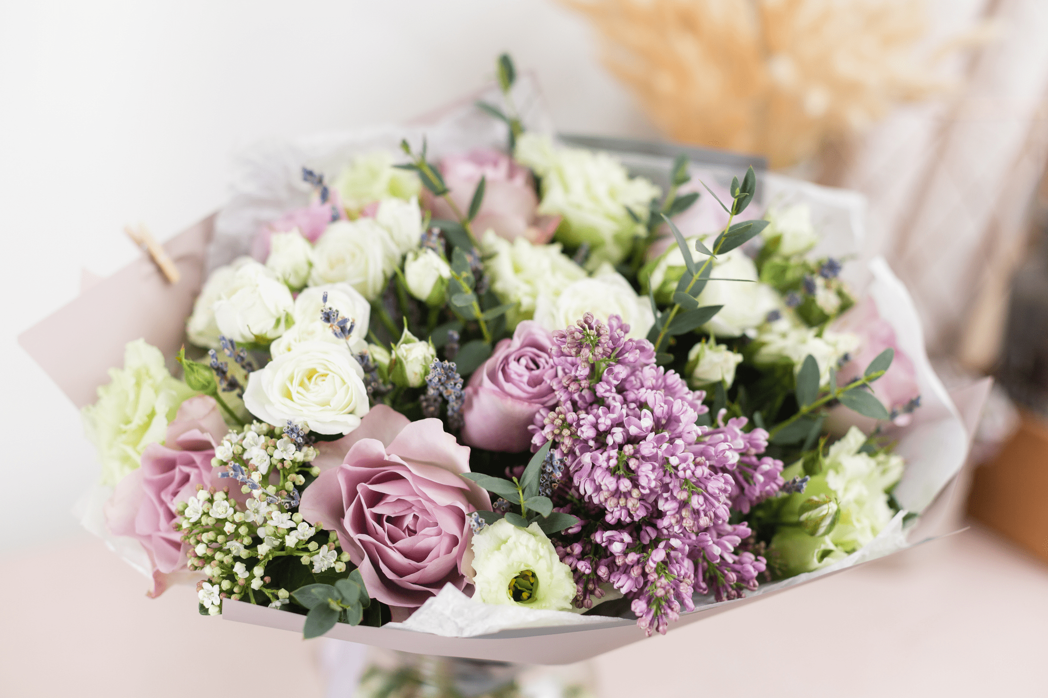 Bouquet of purple and white flowers.