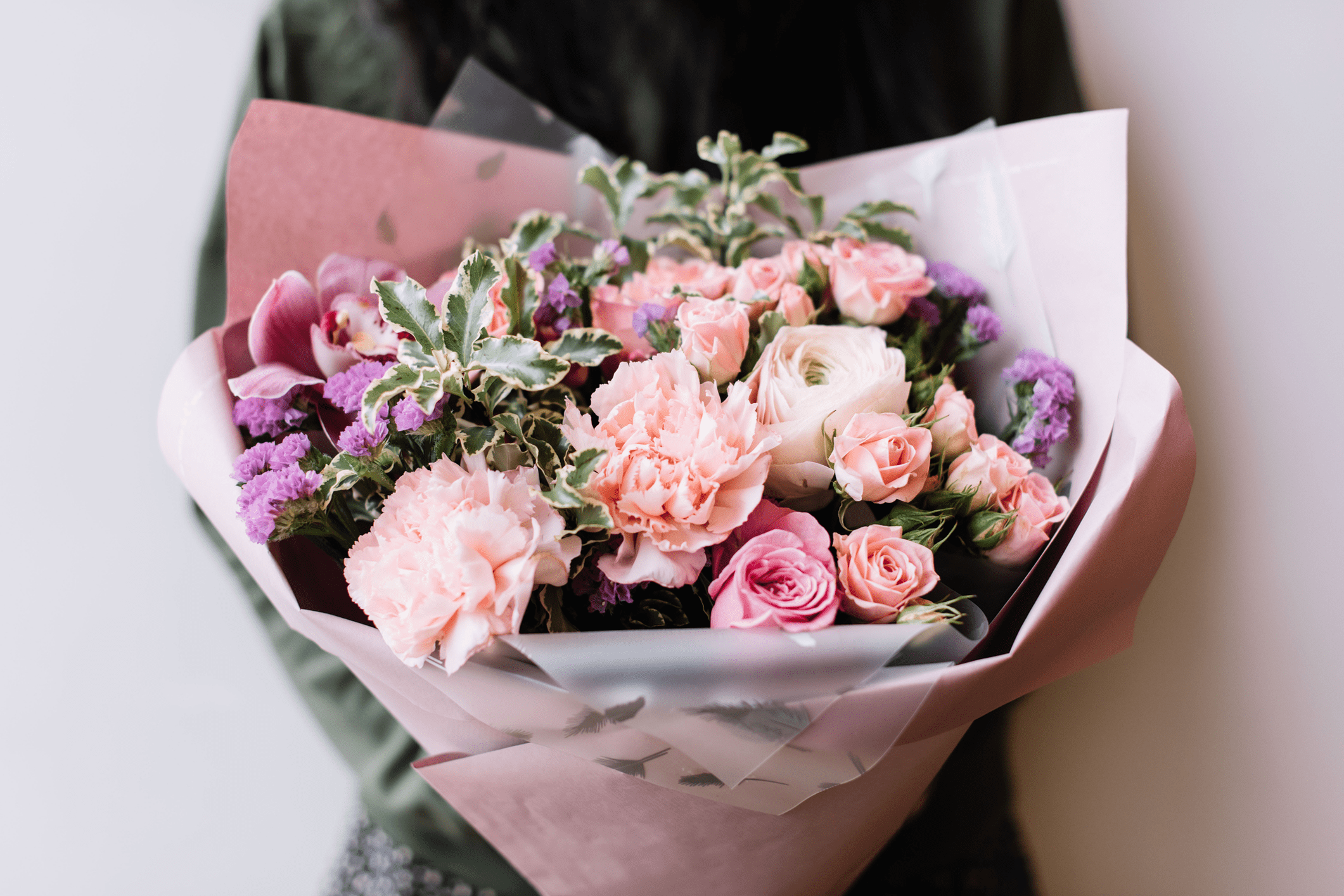 Bouquet of pink and purple flowers.