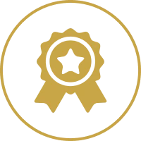 Gold ribbon badge with a star in the center, enclosed in a gold circle on a transparent background.