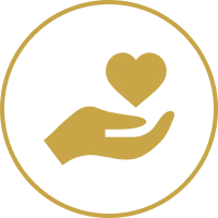 Gold outline of a hand holding a heart, enclosed in a gold circle on a transparent background.
