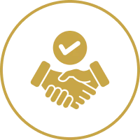 Gold icon of two hands shaking inside a circle, with a checkmark above the handshake, symbolizing agreement or trust.